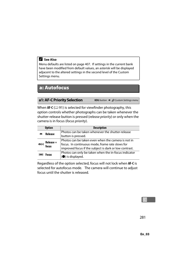 A: autofocus, A1: af-c priority selection | Nikon D800 User Manual | Page 305 / 472