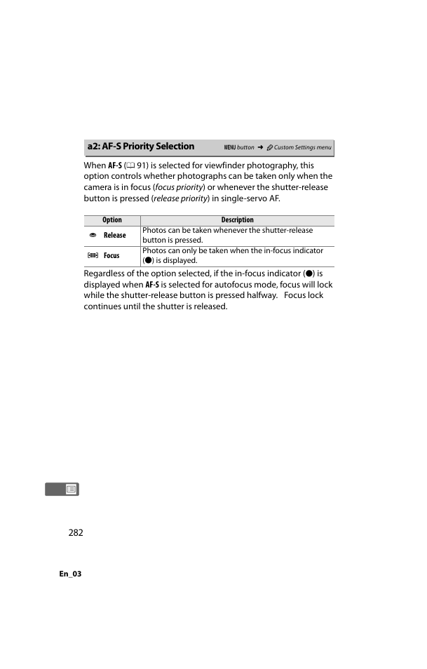 A2: af-s priority selection, 0 282), and the in-f | Nikon D800 User Manual | Page 306 / 472