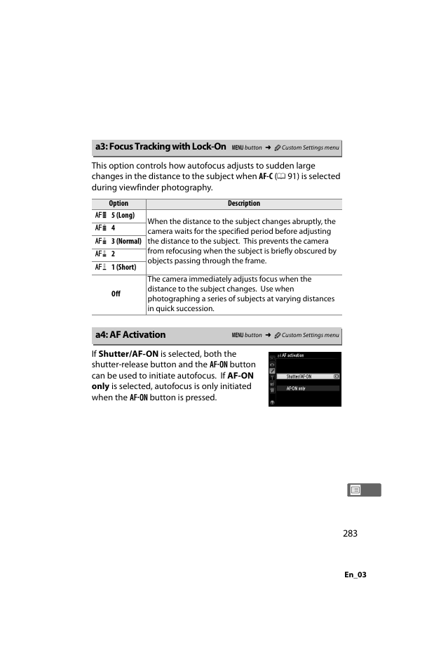 A3: focus tracking with lock-on, A4: af activation, A3: focus tracking with lock-on a4: af activation | 0 283), the | Nikon D800 User Manual | Page 307 / 472