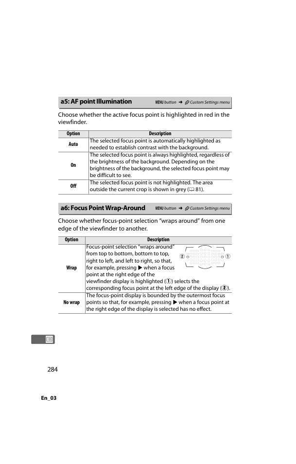 A5: af point illumination, A6: focus point wrap-around | Nikon D800 User Manual | Page 308 / 472