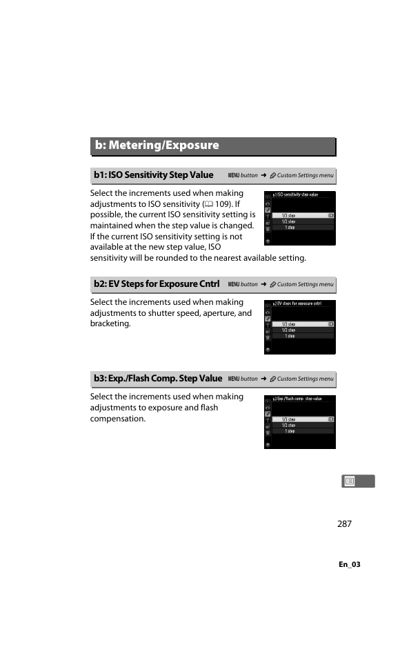 B: metering/exposure, B1: iso sensitivity step value, B2: ev steps for exposure cntrl | B3: exp./flash comp. step value | Nikon D800 User Manual | Page 311 / 472