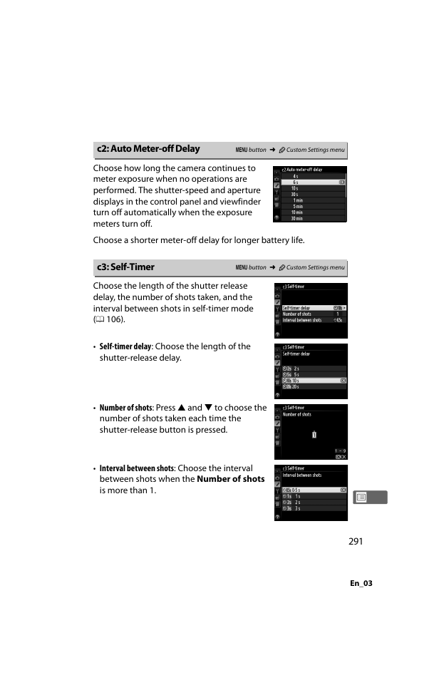 C2: auto meter-off delay, C3: self-timer, C2: auto meter-off delay c3: self-timer | 0 291); the in | Nikon D800 User Manual | Page 315 / 472