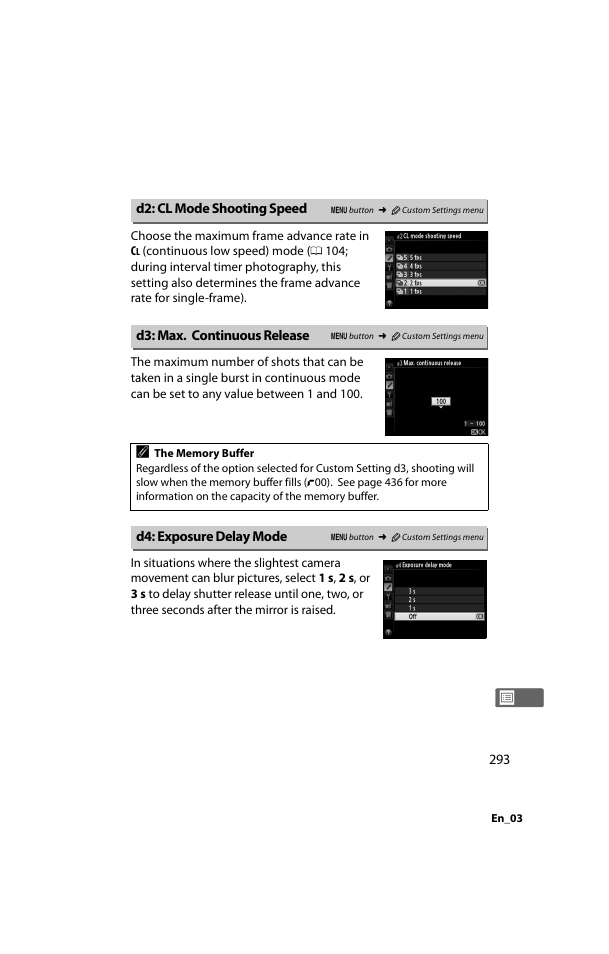 D2: cl mode shooting speed, D3: max. continuous release, D4: exposure delay mode | 0 293). l, 0 293) in mode | Nikon D800 User Manual | Page 317 / 472
