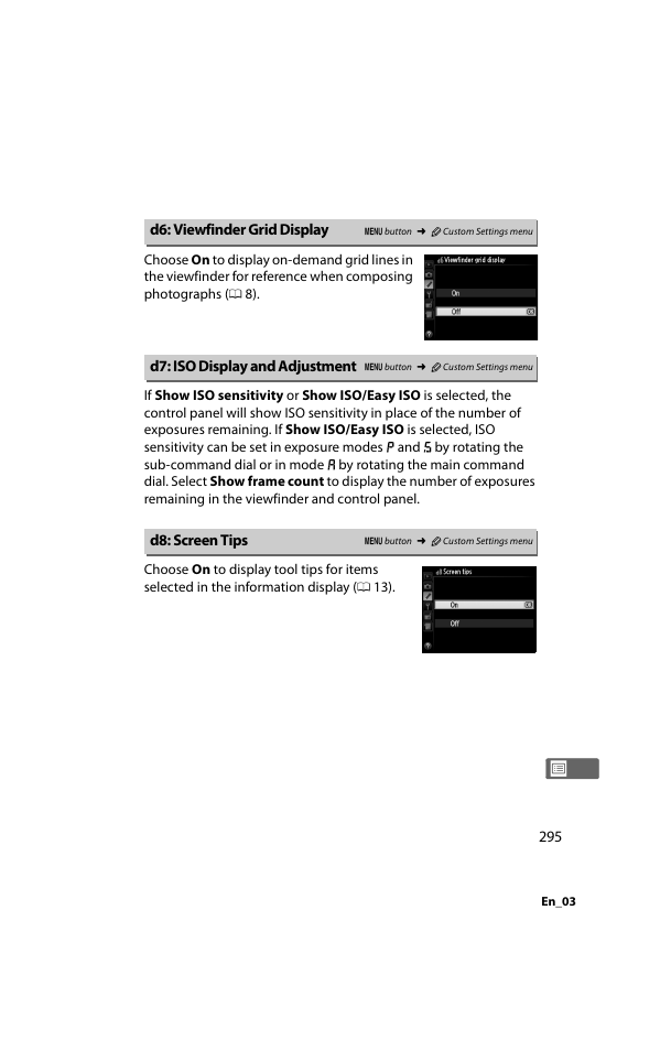 D6: viewfinder grid display, D7: iso display and adjustment, D8: screen tips | 0 295). f, 0 295). a | Nikon D800 User Manual | Page 319 / 472