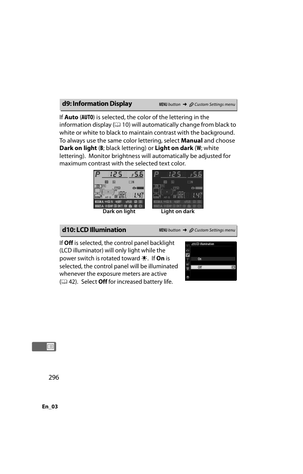 D9: information display, D10: lcd illumination, D9: information display d10: lcd illumination | Nikon D800 User Manual | Page 320 / 472