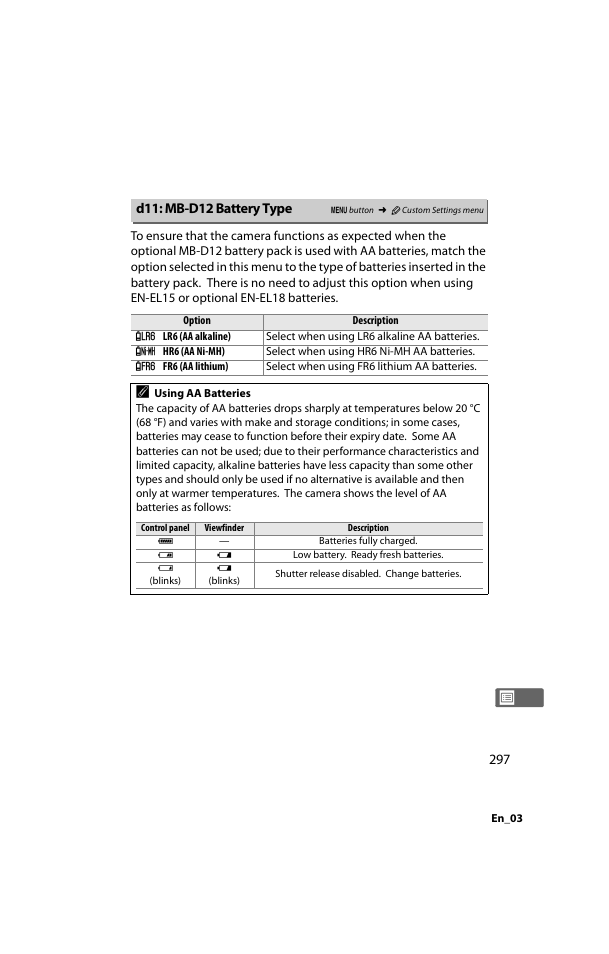 D11: mb-d12 battery type | Nikon D800 User Manual | Page 321 / 472