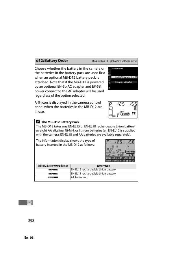 D12: battery order | Nikon D800 User Manual | Page 322 / 472