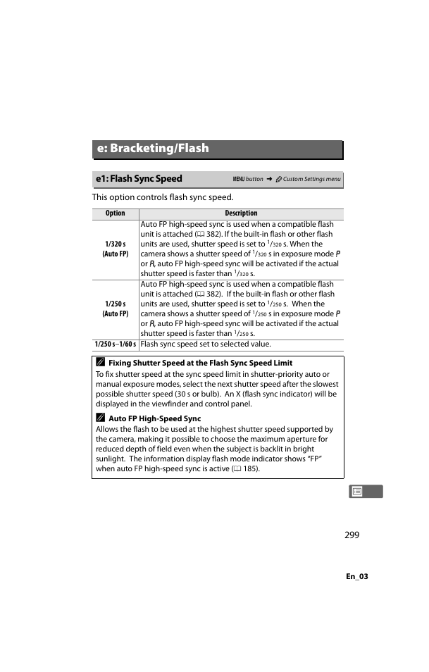 E: bracketing/flash, E1: flash sync speed | Nikon D800 User Manual | Page 323 / 472