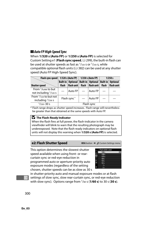 E2: flash shutter speed, Auto fp high-speed sync | Nikon D800 User Manual | Page 324 / 472