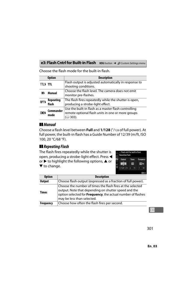 E3: flash cntrl for built-in flash, Manual, Repeating flash | Nikon D800 User Manual | Page 325 / 472