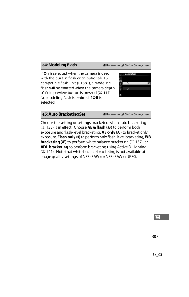 E4: modeling flash, E5: auto bracketing set, E4: modeling flash e5: auto bracketing set | Nikon D800 User Manual | Page 331 / 472