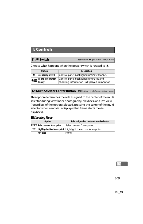 F: controls, F1: lcd illuminator switch, F2: multi selector center button | D switch, 0 309), g1, 0 309). f, Shooting mode | Nikon D800 User Manual | Page 333 / 472