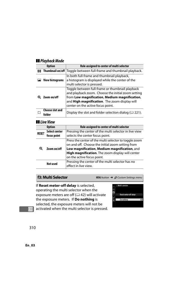 F3: multi selector, Playback mode ❚❚ live view | Nikon D800 User Manual | Page 334 / 472