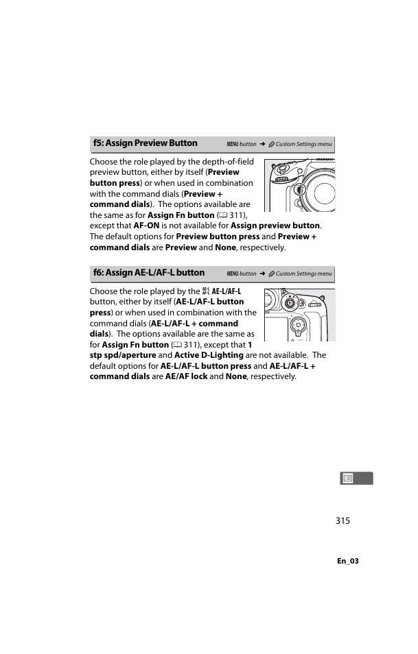 F5: assign preview button, F6: assign ae-l/af-l button, 0 315) f | 0 315), o, 0 315) or c | Nikon D800 User Manual | Page 339 / 472