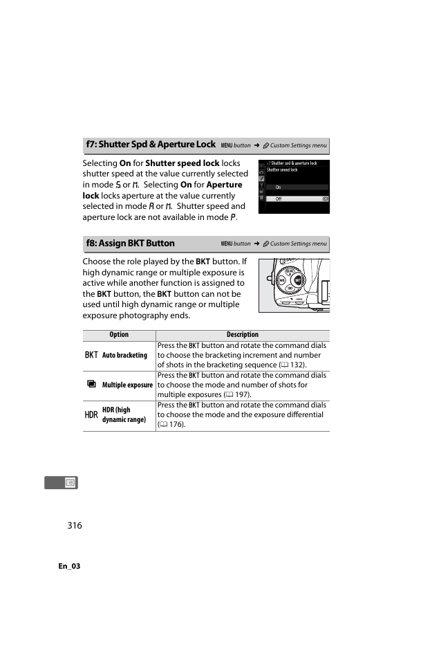 F7: shutter spd & aperture lock, F8: assign bkt button | Nikon D800 User Manual | Page 340 / 472