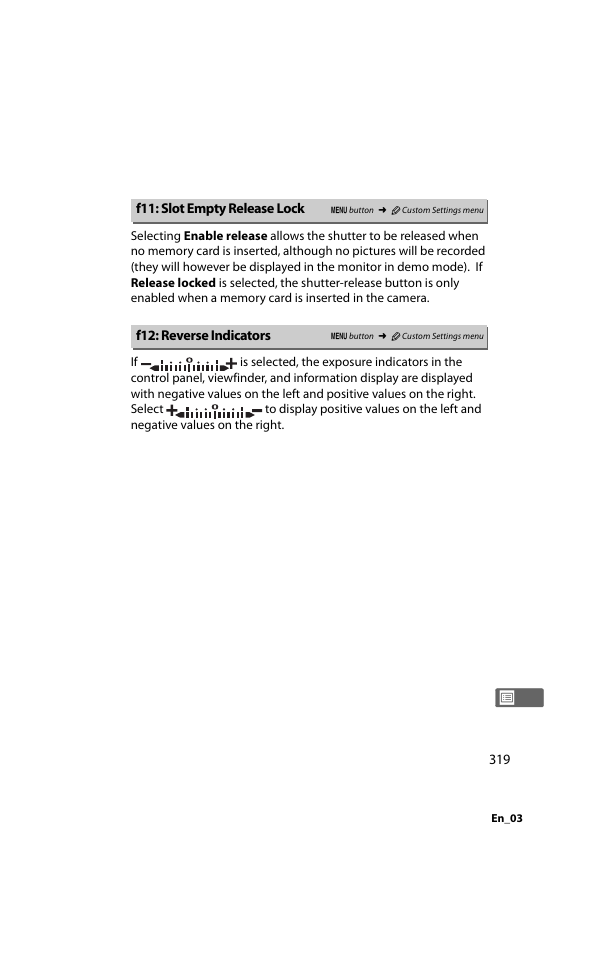 F11: slot empty release lock, F12: reverse indicators | Nikon D800 User Manual | Page 343 / 472