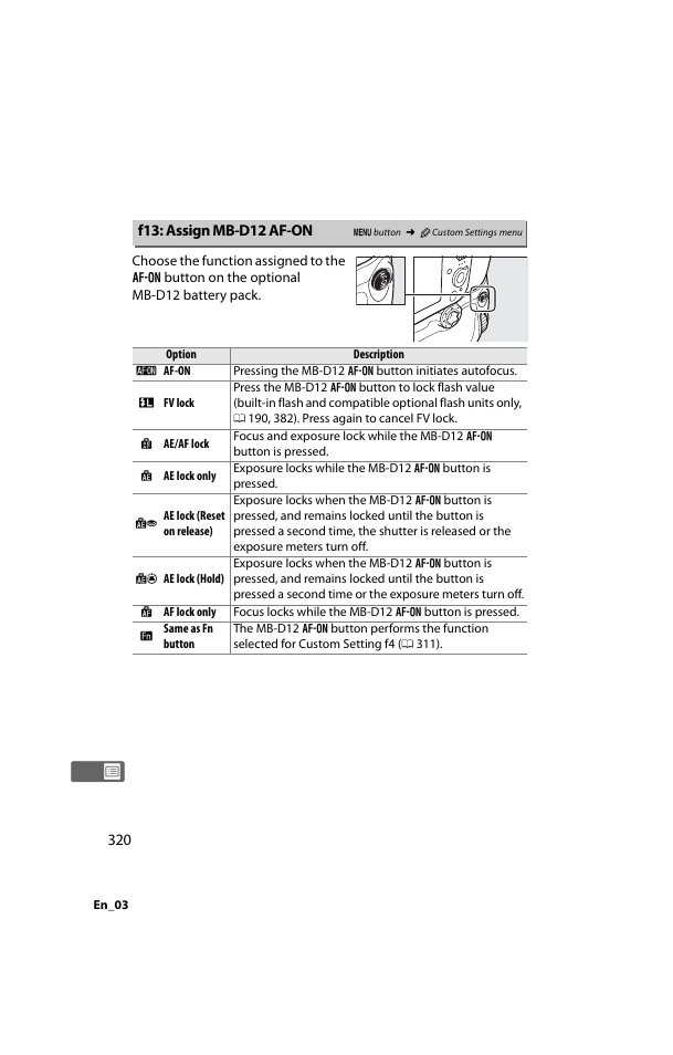 F13: assign mb-d12 af-on | Nikon D800 User Manual | Page 344 / 472