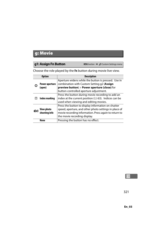 G: movie, G1: assign fn button, 0 321), g2 | Nikon D800 User Manual | Page 345 / 472