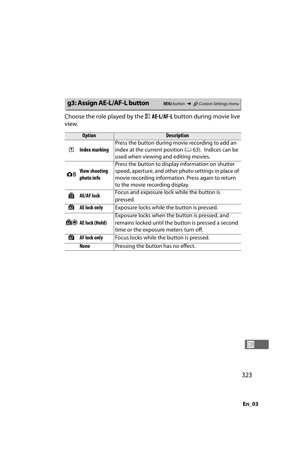 G3: assign ae-l/af-l button, 0 323; this option al | Nikon D800 User Manual | Page 347 / 472