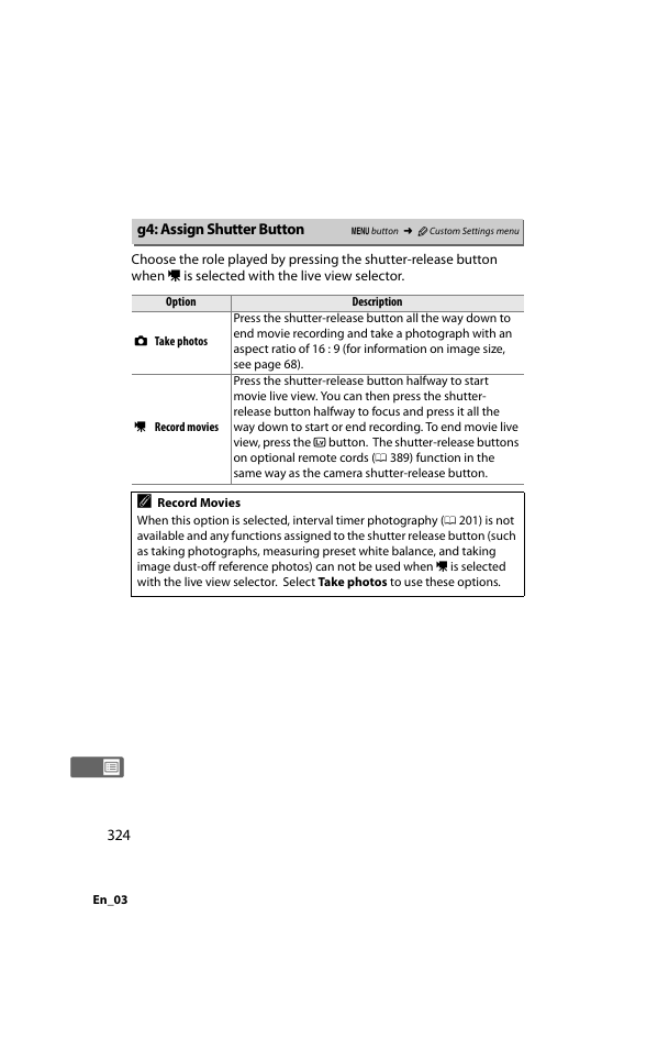 G4: assign shutter button, 0 324) con, 0 324), the shutter | Nikon D800 User Manual | Page 348 / 472