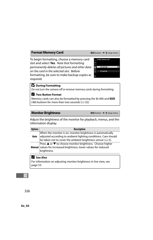 Format memory card, Monitor brightness, Format memory card monitor brightness | Nikon D800 User Manual | Page 350 / 472