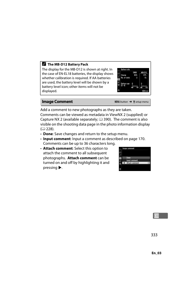 Image comment, 0 333), th | Nikon D800 User Manual | Page 357 / 472