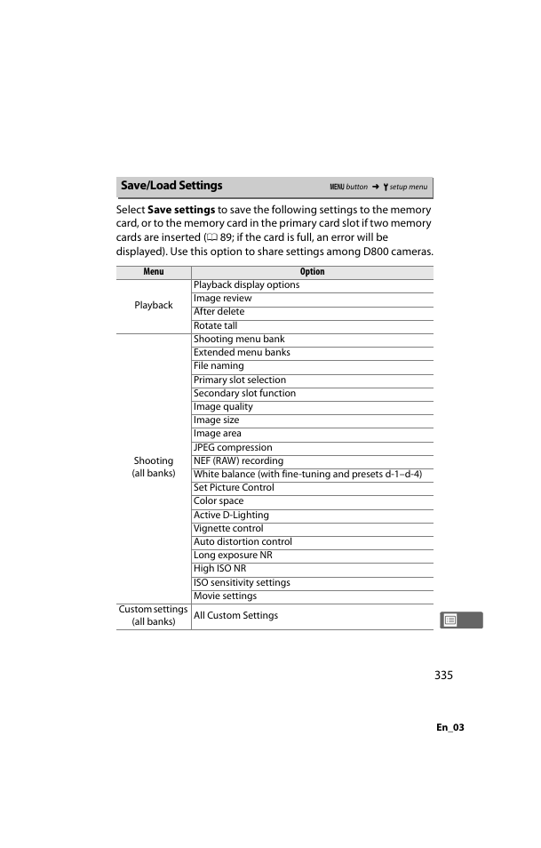 Save/load settings | Nikon D800 User Manual | Page 359 / 472