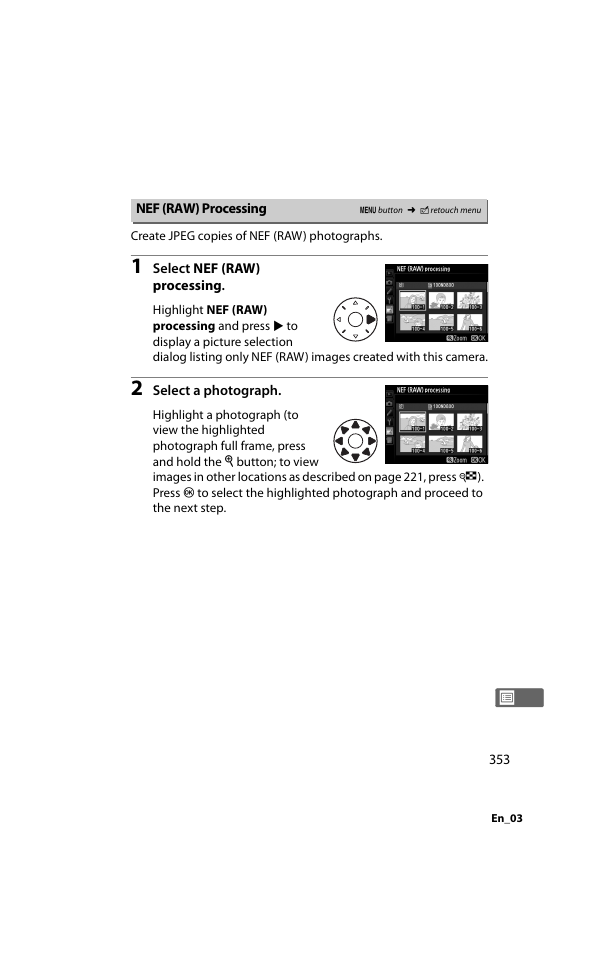 Nef (raw) processing, Menu, Etouch menu | Nikon D800 User Manual | Page 377 / 472