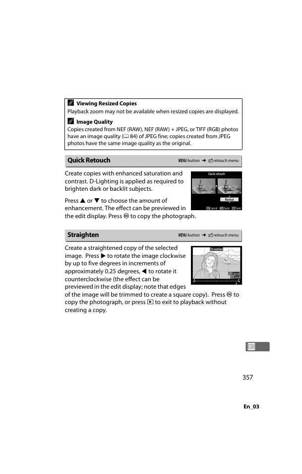 Quick retouch, Straighten, Quick retouch straighten | Nikon D800 User Manual | Page 381 / 472