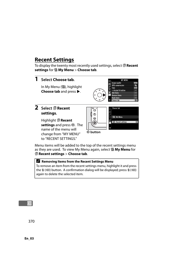 Recent settings | Nikon D800 User Manual | Page 394 / 472