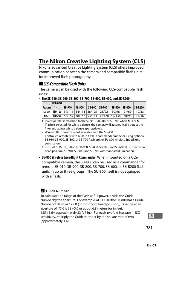 The nikon creative lighting system (cls), 0 381) will, Ble flash unit | Cls-compatible flash units | Nikon D800 User Manual | Page 405 / 472