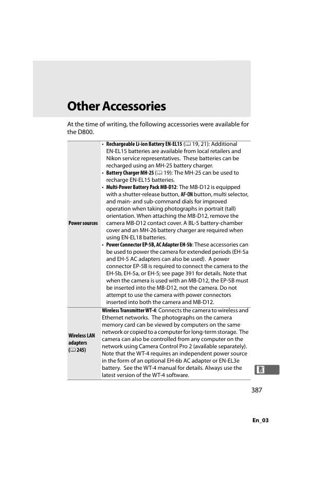 Other accessories, 0 387). t | Nikon D800 User Manual | Page 411 / 472