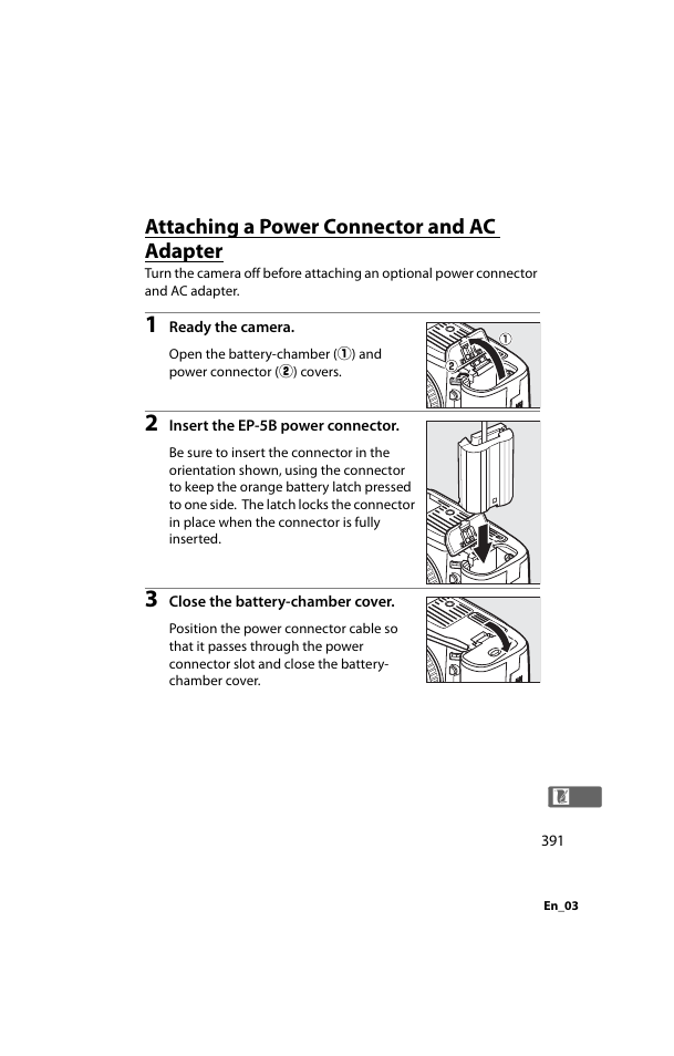 Attaching a power connector and ac adapter | Nikon D800 User Manual | Page 415 / 472