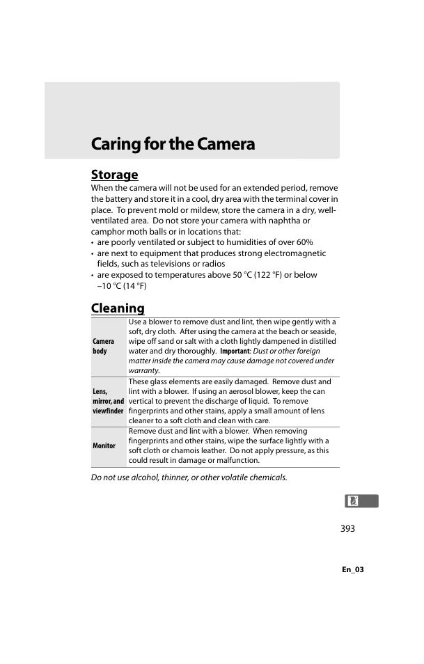 Caring for the camera, Storage, Cleaning | Storage cleaning | Nikon D800 User Manual | Page 417 / 472