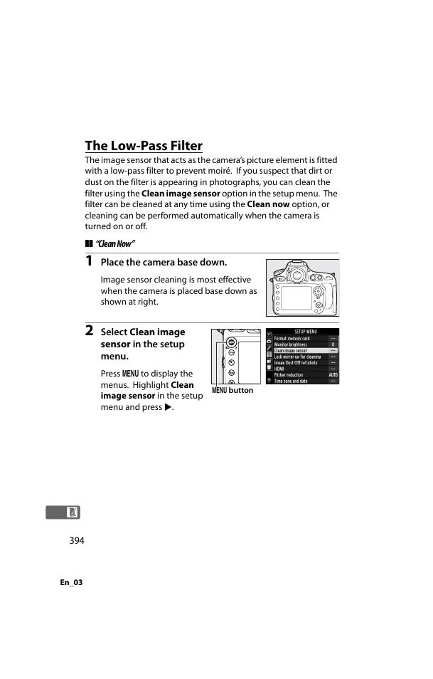 The low-pass filter, Clean now | Nikon D800 User Manual | Page 418 / 472