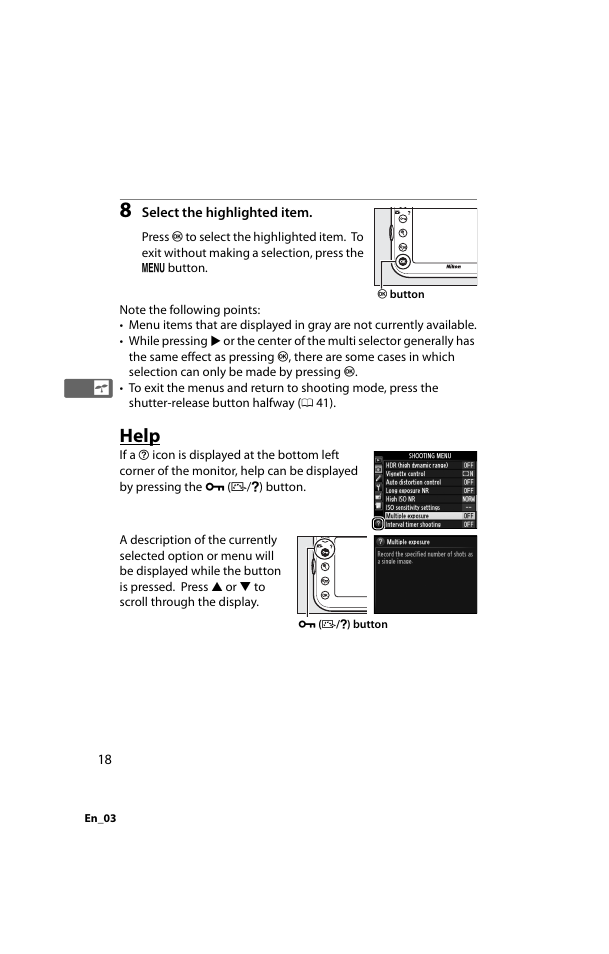 Help, On ( 0 18 | Nikon D800 User Manual | Page 42 / 472