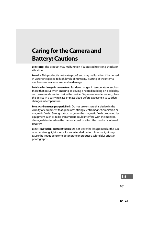 Caring for the camera and battery: cautions, And 401–404 | Nikon D800 User Manual | Page 425 / 472