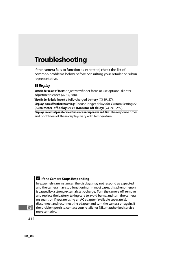 Troubleshooting, Display | Nikon D800 User Manual | Page 436 / 472