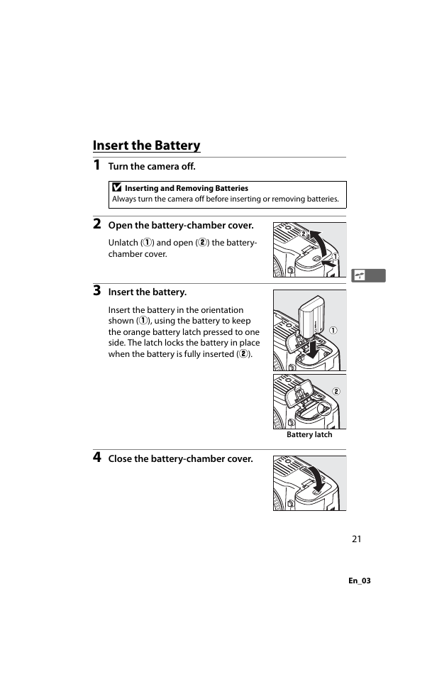 Insert the battery | Nikon D800 User Manual | Page 45 / 472