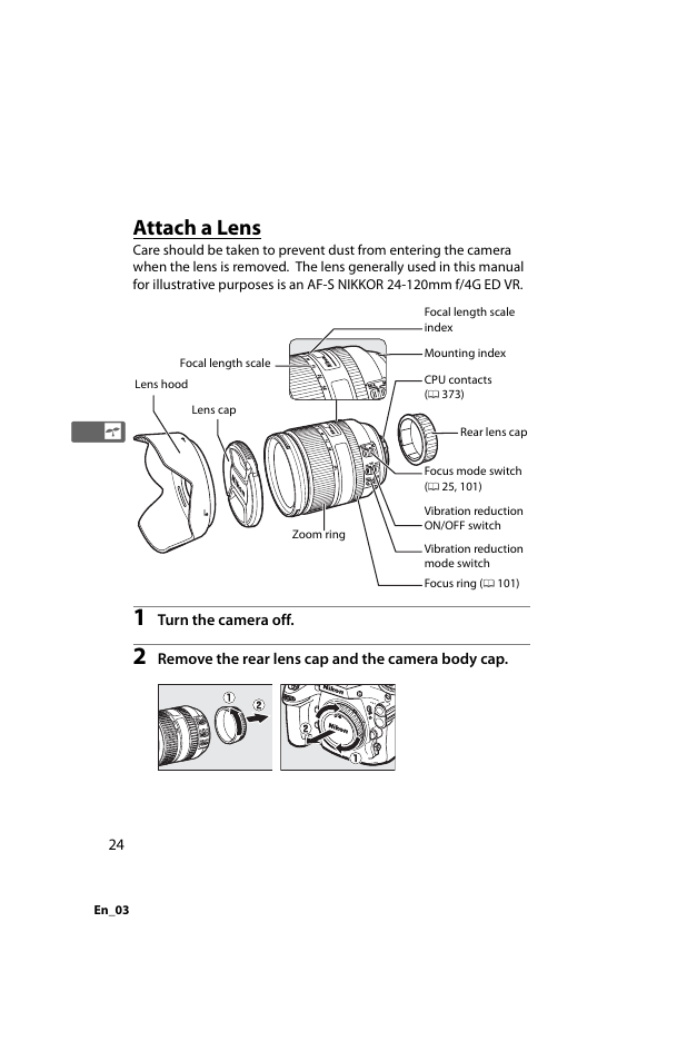 Attach a lens | Nikon D800 User Manual | Page 48 / 472