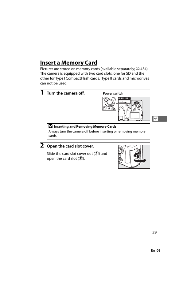 Insert a memory card | Nikon D800 User Manual | Page 53 / 472