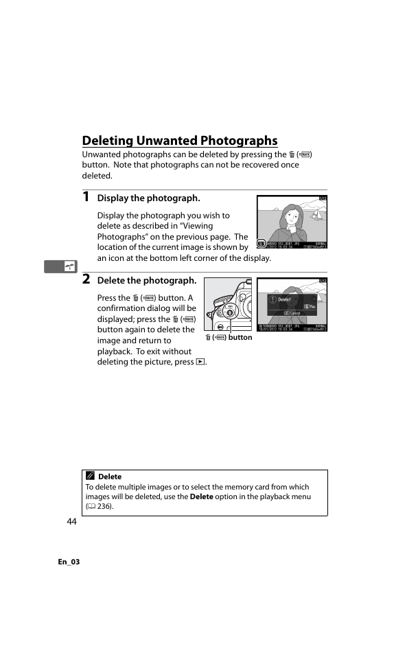 Deleting unwanted photographs | Nikon D800 User Manual | Page 68 / 472