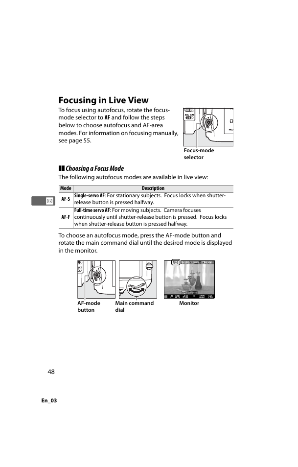 Focusing in live view, Choosing a focus mode | Nikon D800 User Manual | Page 72 / 472