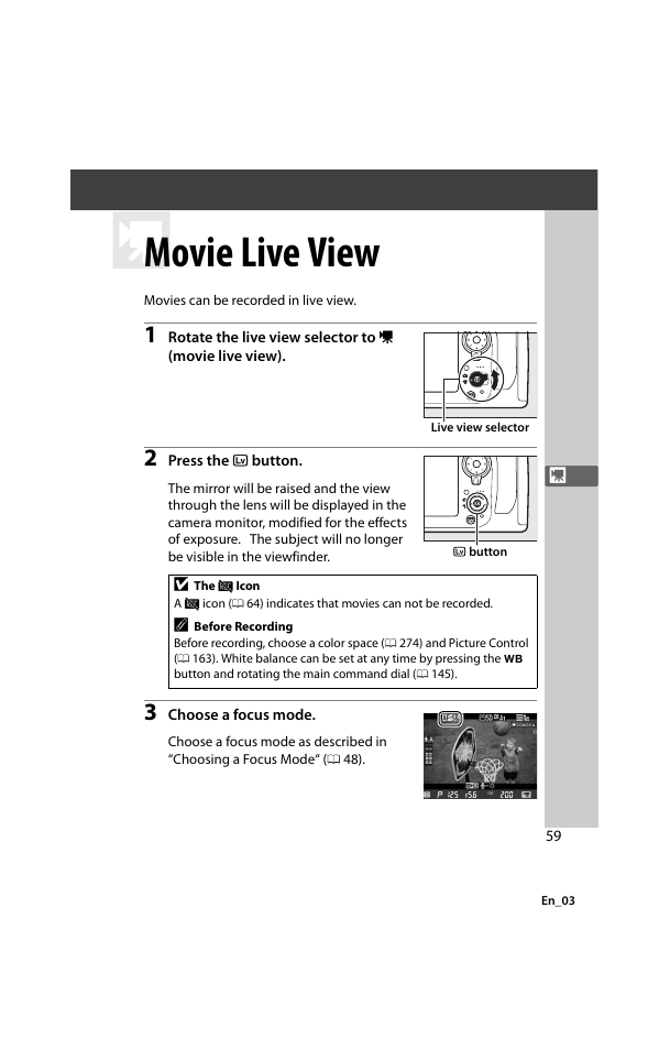 Movie live view, E view, 0 59) to shoot mo | Nikon D800 User Manual | Page 83 / 472