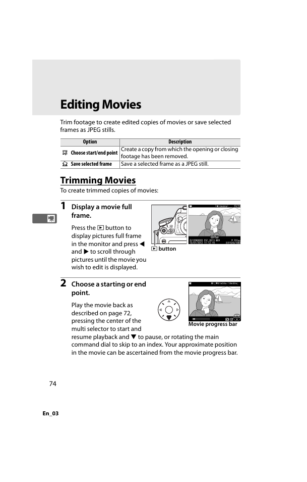 Editing movies, Trimming movies | Nikon D800 User Manual | Page 98 / 472