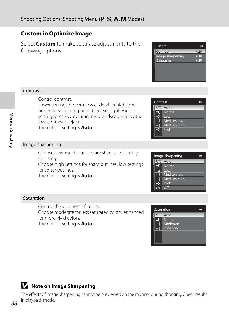 A88), Custom in optimize image | Nikon COOLPIX P500 User Manual | Page 102 / 252