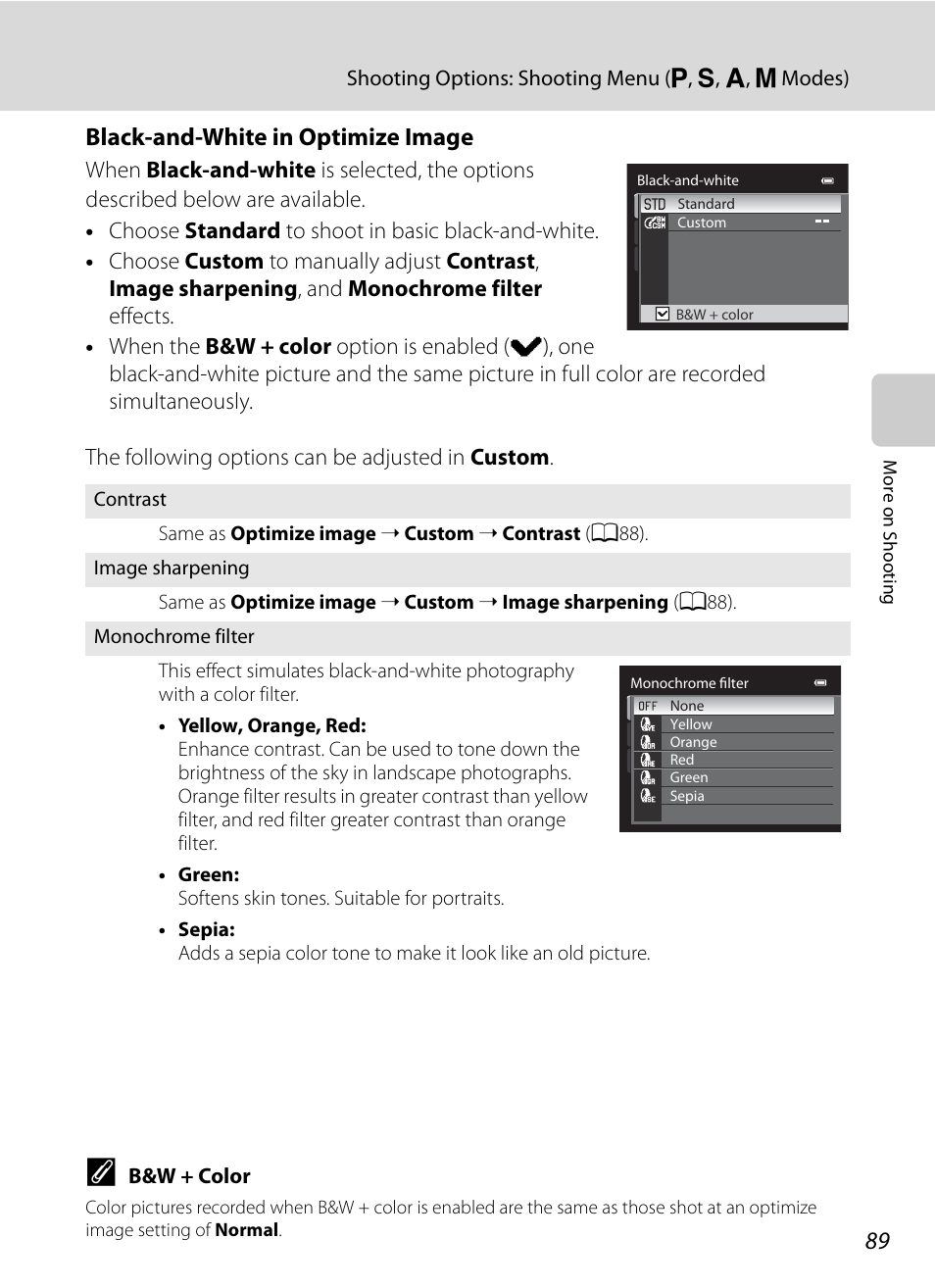 A89), Black-and-white in optimize image | Nikon COOLPIX P500 User Manual | Page 103 / 252