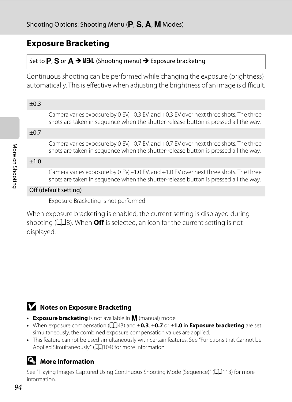Exposure bracketing, A94) wa | Nikon COOLPIX P500 User Manual | Page 108 / 252