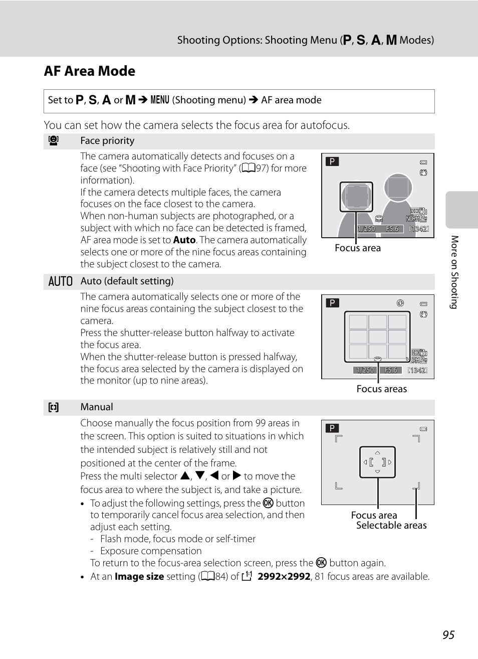 Af area mode, A95), A95). p | Nikon COOLPIX P500 User Manual | Page 109 / 252