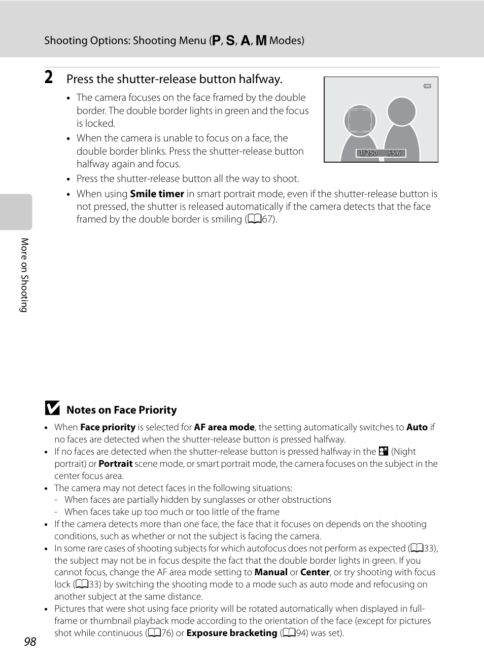 See “notes on face priority, A98), Press the shutter-release button halfway | Nikon COOLPIX P500 User Manual | Page 112 / 252